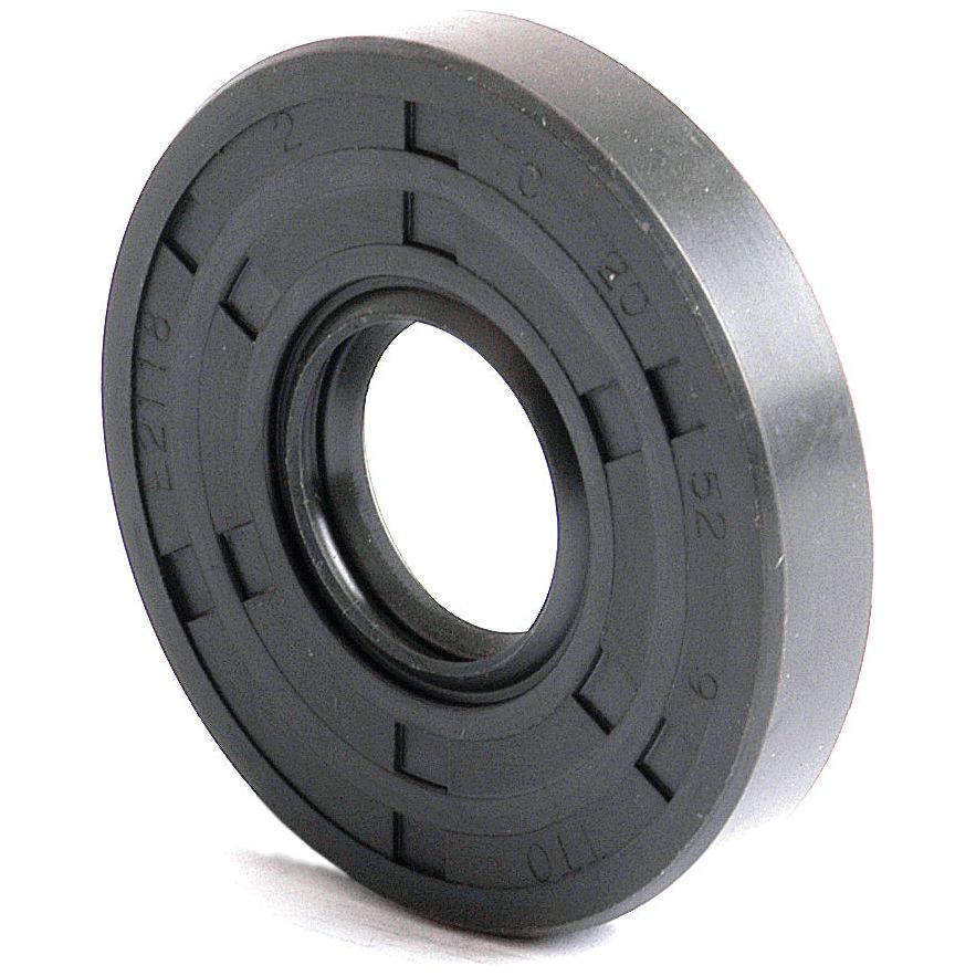 A close-up view of a black rubber Metric Rotary Shaft Seal, 20 x 52 x 9mm Double Lip with a central hole, often used in machinery to prevent fluid leakage. This Sparex product is identified as Part No.S.50190.