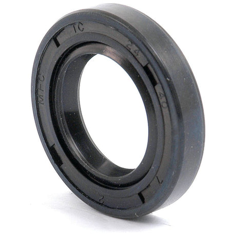 The Sparex Metric Rotary Shaft Seal, 24 x 40 x 7mm Double Lip (Part No. S.50199), is a black rubber oil seal with an inner metal ring, featuring alphanumeric engravings around its circumference.