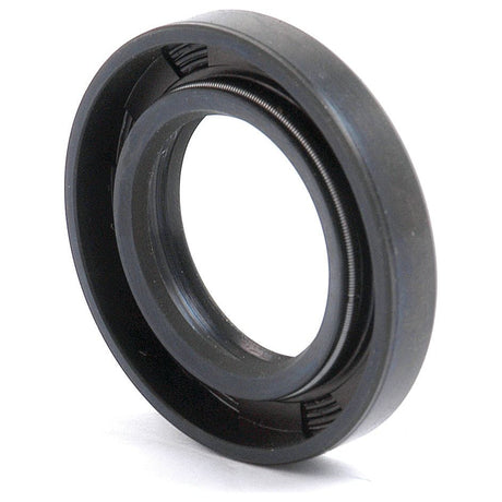 Close-up of a circular black rubber oil seal with a metallic spring exposed inside, this Sparex Metric Rotary Shaft Seal, 24 x 40 x 7mm Double Lip (Sparex Part No.S.50199), is used in machinery and automotive applications to prevent leakage of fluids.