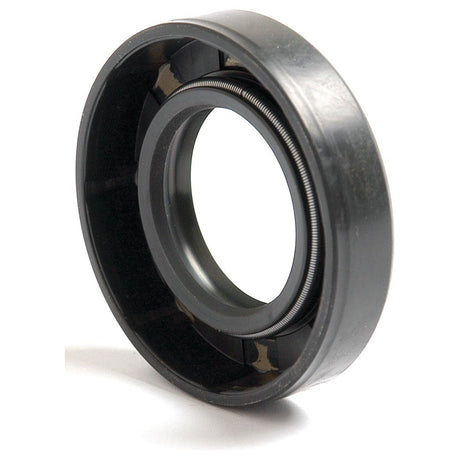 A detailed close-up of the Sparex Metric Rotary Shaft Seal, measuring 25 x 45 x 10mm and featuring a double lip design. This black rubber oil seal, identified by Sparex Part No. S.50211, includes a metal spring inside and has a sleek exterior finish.