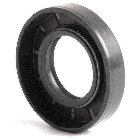 Close-up of a black rubber oil seal, featuring a circular shape with an inner rim and an outer casing. This Metric Rotary Shaft Seal from Sparex (Part No.S.50213) measures 25 x 47 x 10mm, ensuring a precise fit.