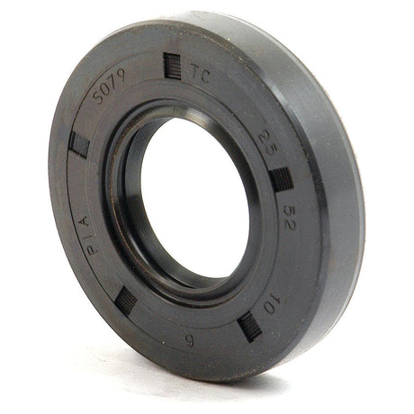 A circular, black Sparex Metric Rotary Shaft Seal, identified by the part number S.50216 and etched with the markings "5079 TC 25 52 10," is used to prevent the leakage of lubricants in machinery. This double lip seal measures 25 x 52 x 10mm.