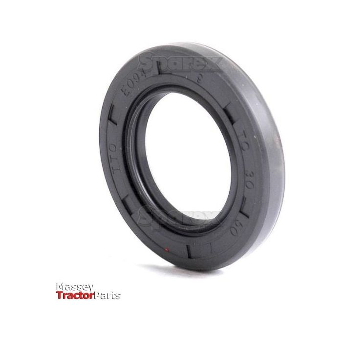 A black rubber rectangular oil seal with surface engravings is displayed on a white background. The Massey Tractor Parts logo is in the bottom left corner. This Sparex Metric Rotary Shaft Seal, featuring double lips, measures 30 x 50 x 7mm (Sparex Part No. S.50241).