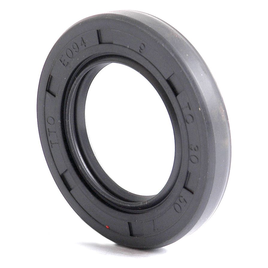 Close-up of a circular black rubber Metric Rotary Shaft Seal with embossed text on its outer edge, standing upright against a white background. This Sparex 30 x 50 x 7mm Double Lip seal (Part No.S.50241) offers precision and durability for various applications.