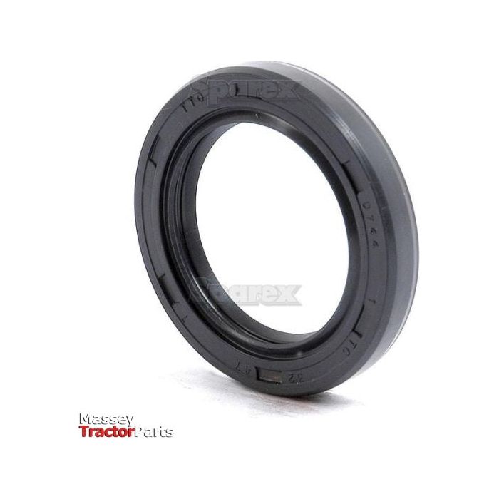A close-up image of a round black oil seal. The words "Massey Tractor Parts" are seen in the bottom left corner. This Sparex Metric Rotary Shaft Seal (Sparex Part No.S.50256), measuring 32 x 47 x 7mm, features a double lip design for enhanced durability.