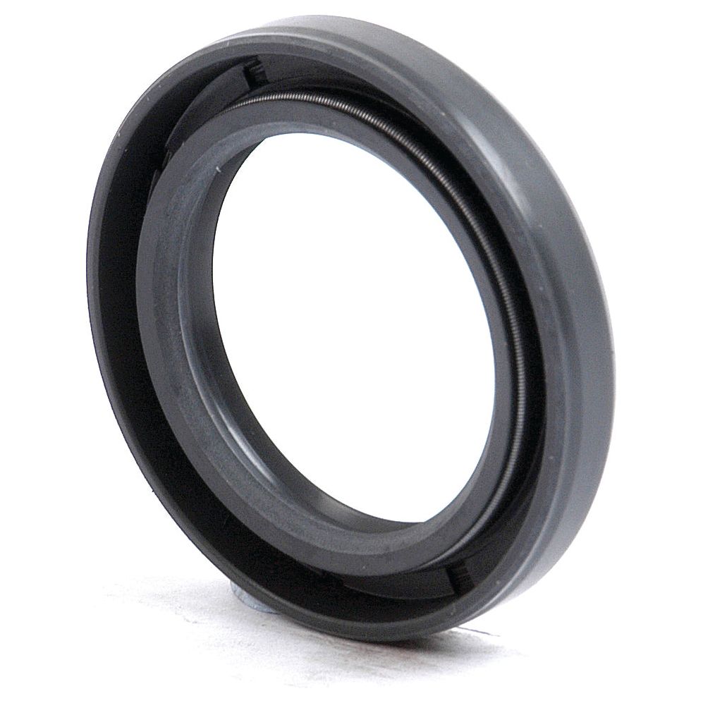 Close-up of a black, circular, rubber oil seal with an inner spring. The Sparex 32 x 47 x 7mm Metric Rotary Shaft Seal (Part No. S.50256) features a double lip for enhanced functionality.