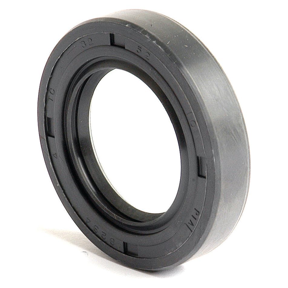 A black circular oil seal with a smooth outer surface and a flexible inner lip stands upright on a white surface, resembling the Sparex Metric Rotary Shaft Seal, 32 x 52 x 10mm Double Lip (Part No. S.50261).