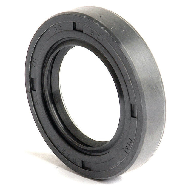 A black circular oil seal with a smooth outer surface and a flexible inner lip stands upright on a white surface, resembling the Sparex Metric Rotary Shaft Seal, 32 x 52 x 10mm Double Lip (Part No. S.50261).