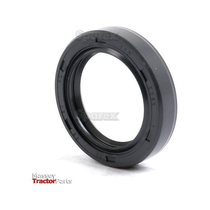 A Sparex Metric Rotary Shaft Seal, 35 x 50 x 10mm Double Lip (Part No. S.50274), black in color with visible external grooves and markings, designed for a Massey tractor, displayed against a plain white background.