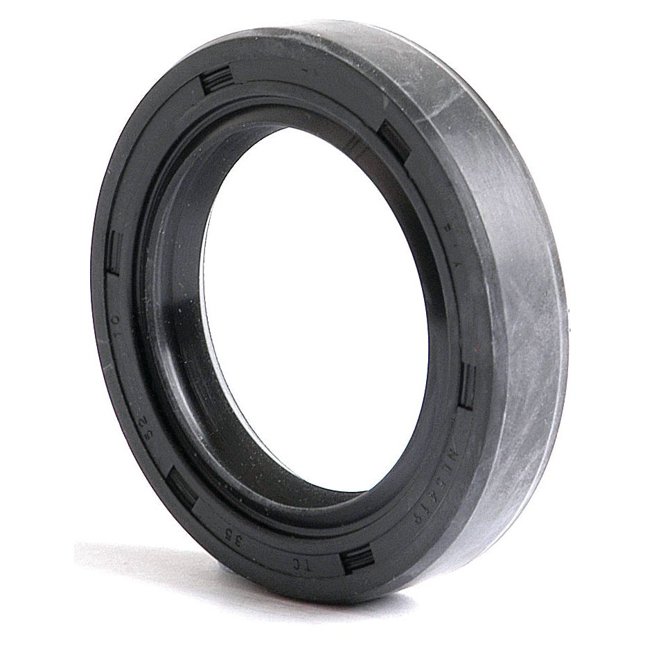A black rubber rotary shaft seal, identified as the Metric Rotary Shaft Seal, 35 x 52 x 10mm Double Lip (Sparex Part No. S.50276) from the Sparex brand, features a circular shape and ridged edges. It is designed for mechanical use and is shown standing upright against a white background.