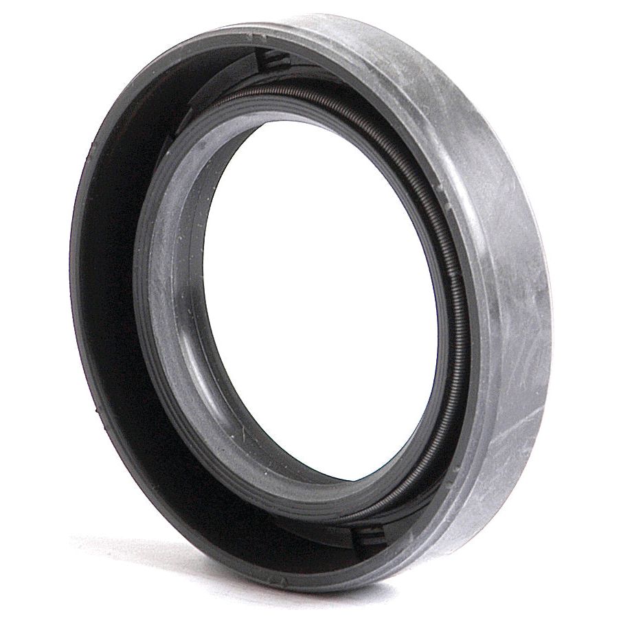 Close-up of a Sparex Metric Rotary Shaft Seal, 35 x 52 x 10mm (Sparex Part No. S.50276), featuring a gray rubber and metal construction with an inner spring and double lip design, used in mechanical applications to prevent leaks and contamination.