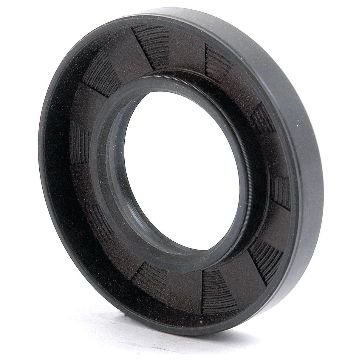 Close-up of a black rubber Sparex Metric Rotary Shaft Seal, 35 x 65 x 10mm double lip design (Part No. S.50289), featuring inner ridges and a circular shape, used in mechanical applications to prevent leaks.