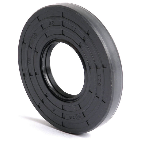 The Sparex Metric Rotary Shaft Seal, Sparex Part No. S.50294, features a black exterior with a ridged surface and a double lip design to enhance its function. Measuring 35 x 80 x 10mm, it's ideal for sealing gaps and preventing oil leakage in machinery.