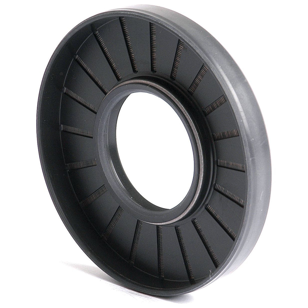 The Sparex Metric Rotary Shaft Seal (Part No. S.50294) is a black, round plastic ring with an inner opening and radial grooves along its surface. Measuring 35 x 80 x 10mm, this seal features a double lip design for added durability.