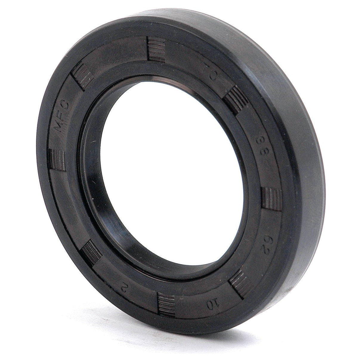 Close-up of a black, circular rubber oil seal with ridged edges, designed to fit around machinery components to prevent leakage. This Sparex metric rotary shaft seal (Part No. S.50306) features a double lip design and measures 38 x 62 x 10mm for precise fitting.