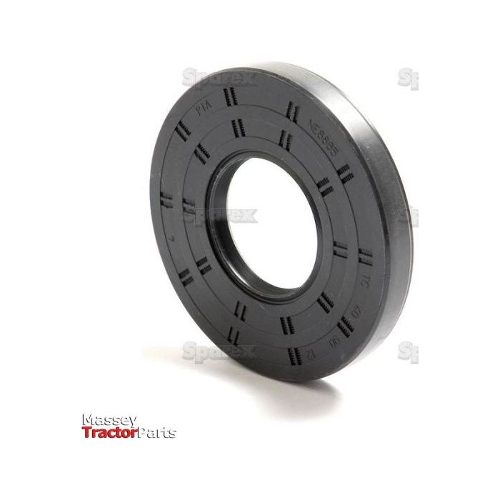 The Sparex Metric Rotary Shaft Seal, 40 x 90 x 12mm Double Lip (Sparex Part No. S.50332), is a black rubber sealing ring that features the text "MASSEY TRACTOR PARTS" in red and gray in the bottom left corner, offering enhanced durability with its double lip design.