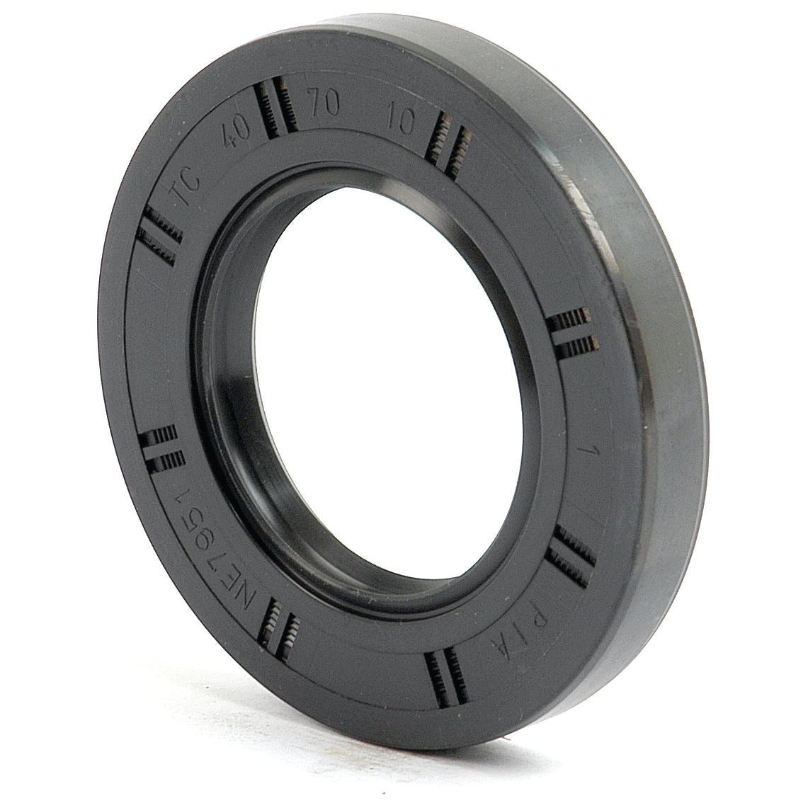 A Sparex Metric Rotary Shaft Seal, 40 x 70 x 10mm (Sparex Part No. S.50325), in black with numerical markings and a double lip design, used in machinery to prevent the leakage of lubricants.