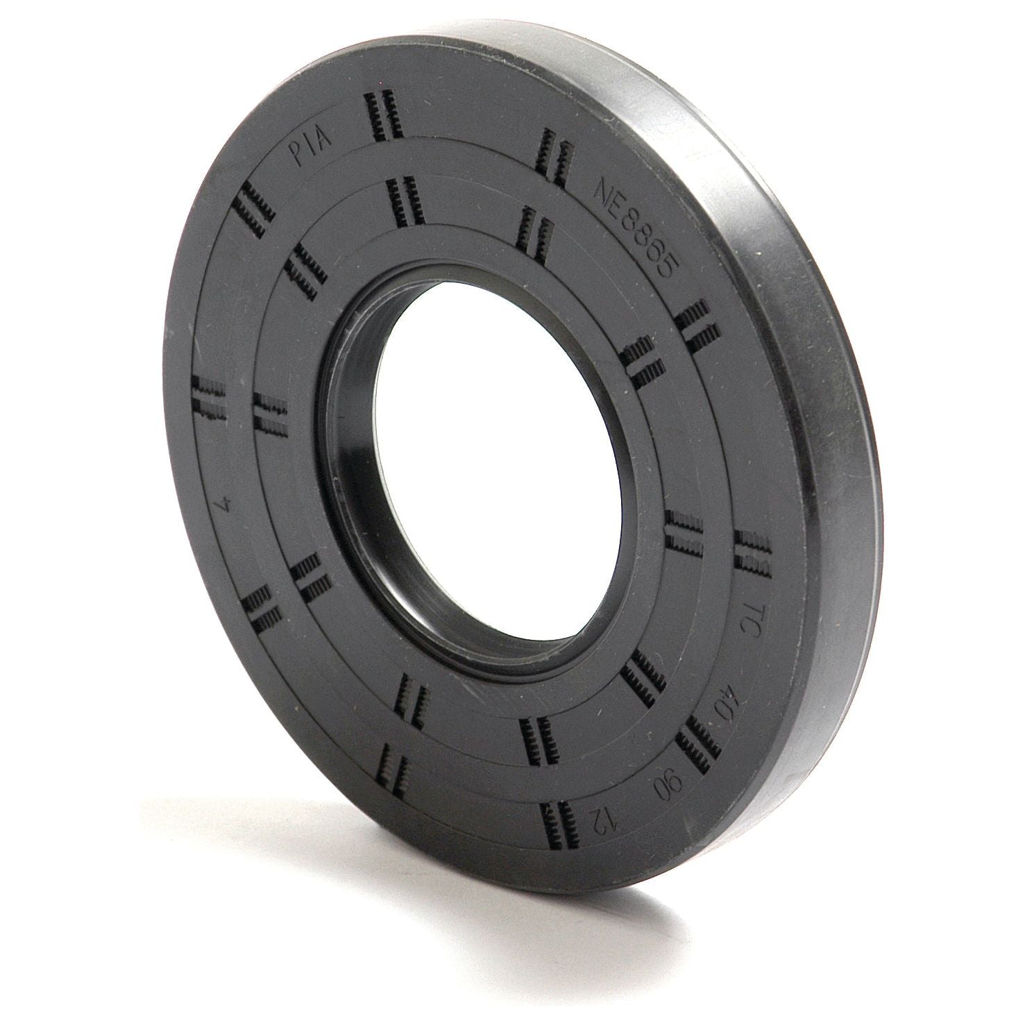 Close-up of a Sparex Metric Rotary Shaft Seal, 40 x 90 x 12mm Double Lip (Sparex Part No. S.50332), black rubber with engraved markings and text, positioned against a plain white background.
