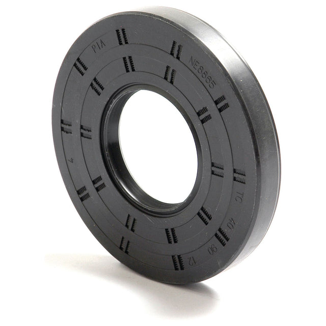 The Sparex Metric Rotary Shaft Seal, measuring 40 x 90 x 12mm with double lips (Part No. S.50332), is a black rubber oil seal featuring various markings and grooves, specifically designed to prevent lubricant leakage in machinery components.