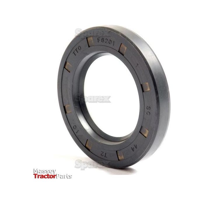 A gray rubber oil seal marked "TTO F6201" along with other alphanumeric codes is displayed. This Metric Rotary Shaft Seal, available under Sparex Part No. S.50343, measures 44 x 72 x 10mm and features a Single Lip design. The Massey Tractor Parts logo is visible in the bottom left corner.
