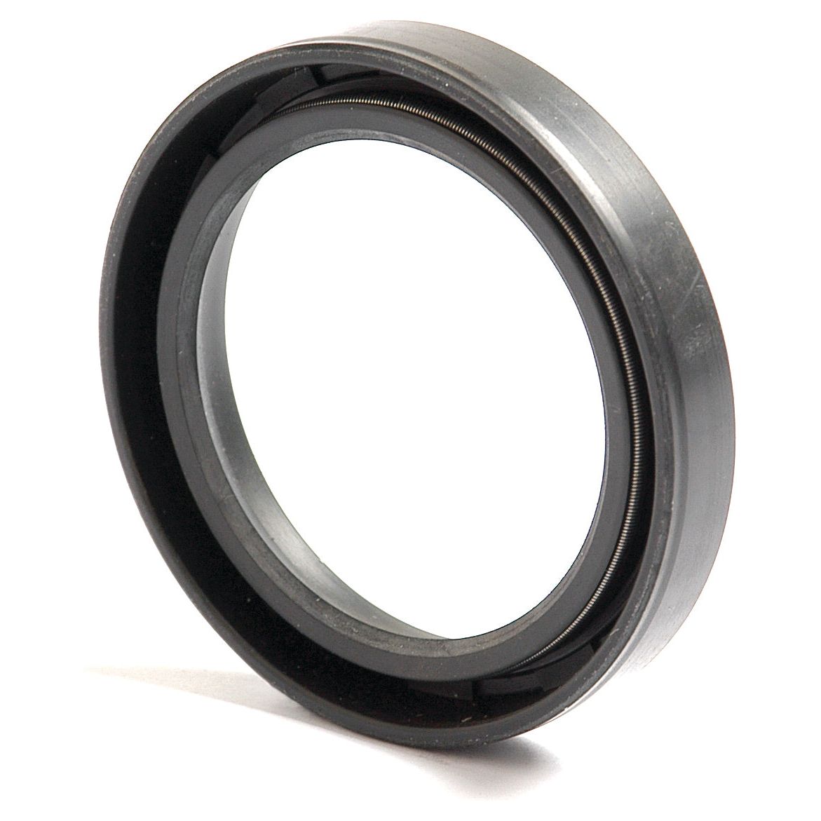 A close-up view of a Metric Rotary Shaft Seal, 44 x 60 x 10mm Single Lip (Sparex Part No. S.50340), showcasing its circular metallic mechanical design with an outer metal ring and an inner rubber ring, engineered to prevent fluid leakage in machinery.