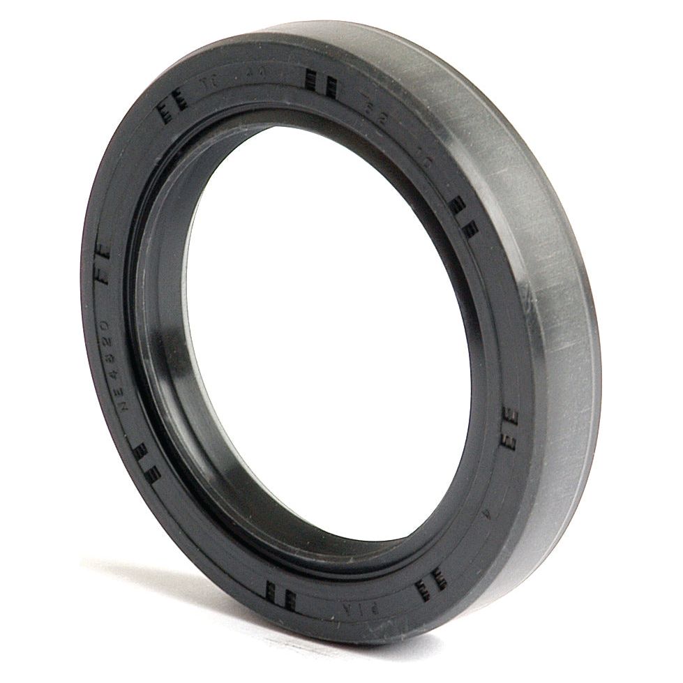 Close-up of a Sparex Metric Rotary Shaft Seal, 44 x 62 x 10mm Double Lip Exterior (Sparex Part No. S.50341) with black rubber and a visible metal inner ring. The seal is standing upright on its edge against a white background.