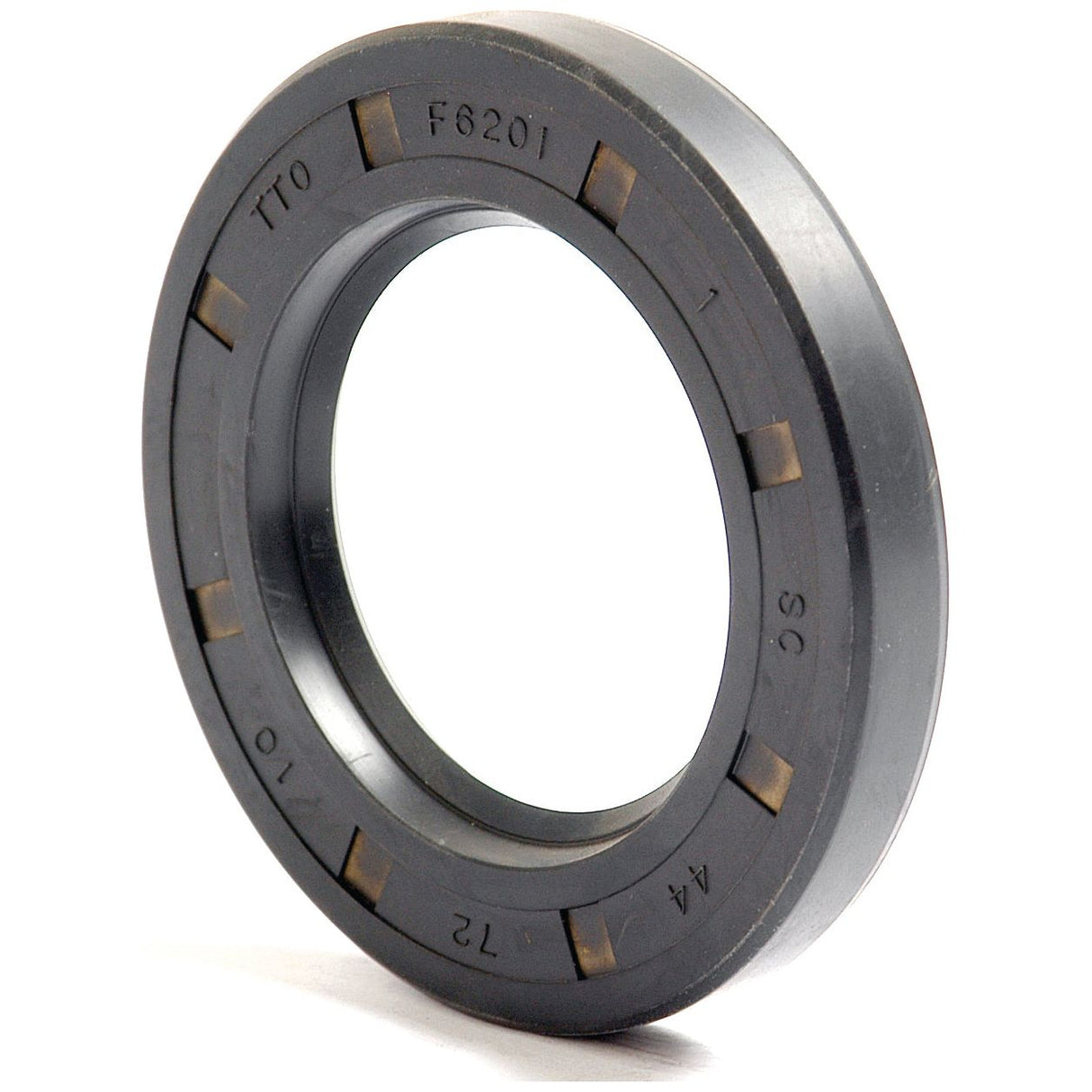 A circular black mechanical seal with engraved text and numbering on the outer edge, viewed from an angle on a white background. This Sparex Metric Rotary Shaft Seal (Part No. S.50343) measures 44 x 72 x 10mm and features a single lip for optimal performance.