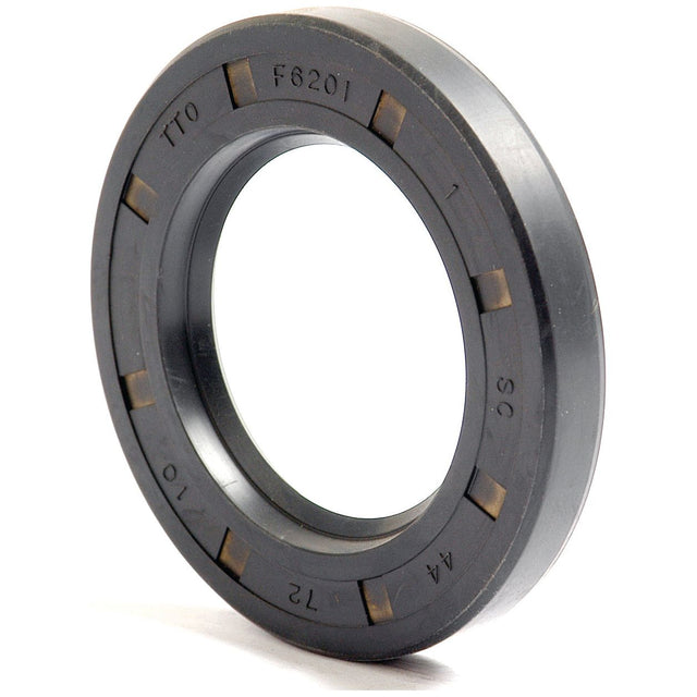 A close-up of a black rubber oil seal ring with markings "TTO," "F6201," "SC," "44," "10," and "12" on the outer edge, showcasing its single lip design. The Sparex Metric Rotary Shaft Seal measures 44 x 72 x 10mm and is identified by Part No. S.50343.