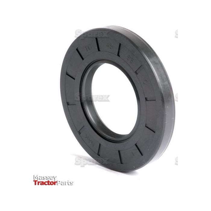 A black rubber oil seal against a white background displays the logos of “Massey Tractor Parts” and “Sparex.” The Sparex Metric Rotary Shaft Seal, 45 x 85 x 10mm Double Lip (Part No. S.50360), is featured.