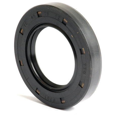The Sparex Metric Rotary Shaft Seal, 45 x 75 x 12mm Double Lip (Sparex Part No. S.50358), is a black rubber oil seal with visible numbers and letters embossed on its surface, designed for precision and durability.