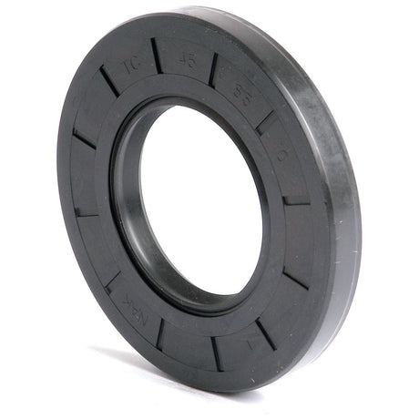 A black Sparex Metric Rotary Shaft Seal, 45 x 85 x 10mm imprinted on its surface and known by Part No. S.50360, stands upright on a white background. This circular seal with a hollow center features a Double Lip design for enhanced functionality.