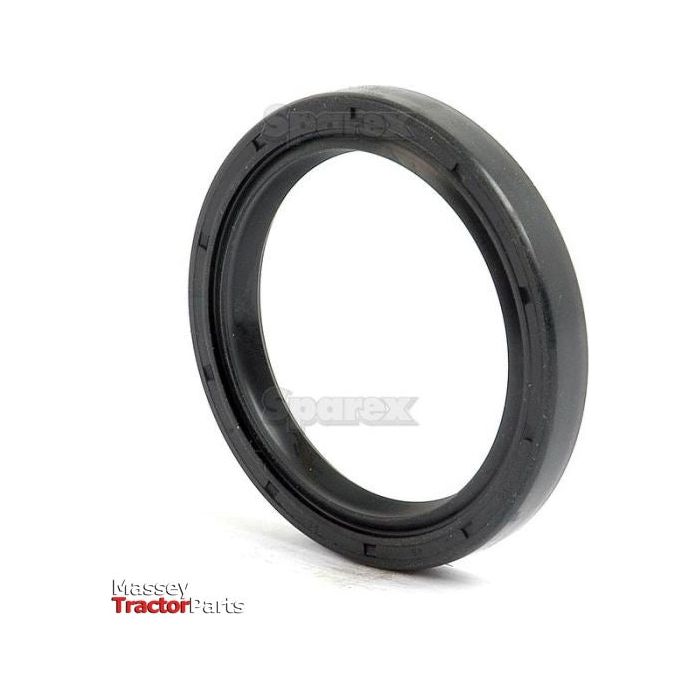 A close-up of a black, circular rubber component, likely a tractor part, reveals the words "Massey Tractor Parts" and "Sparex" on the item and in the image. This Metric Rotary Shaft Seal (Sparex Part No. S.50364), sized at 48 x 62 x 8mm with a double lip for extra durability, is essential for reliable machinery performance.
