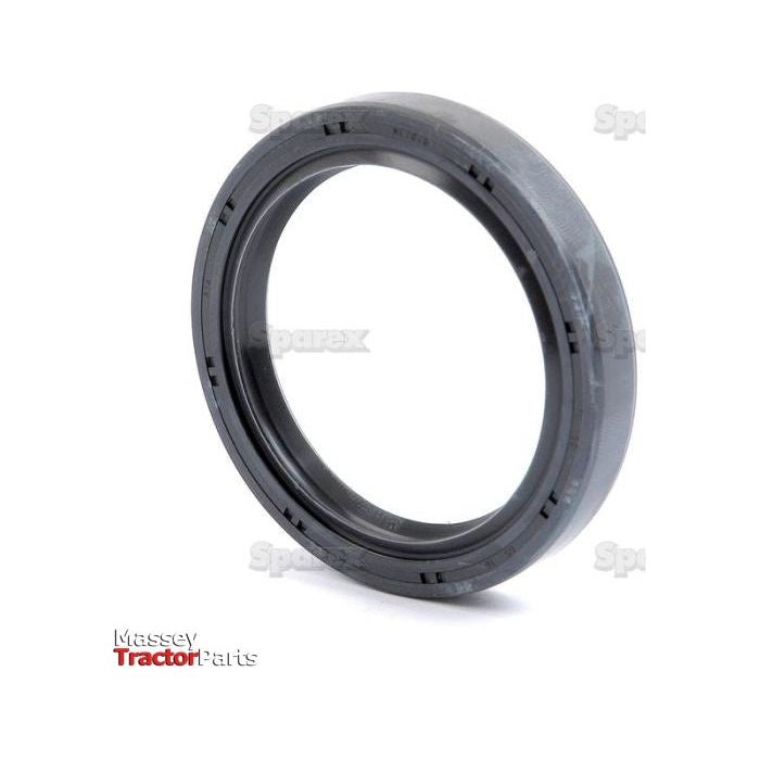 The Sparex Metric Rotary Shaft Seal, part number S.50373, specifically designed for Massey Tractor Parts, is showcased standing upright on a white background. This round black rubber oil seal with ridged edges measures 50x65x10mm and features a Double Lip design to ensure optimal performance in demanding conditions.