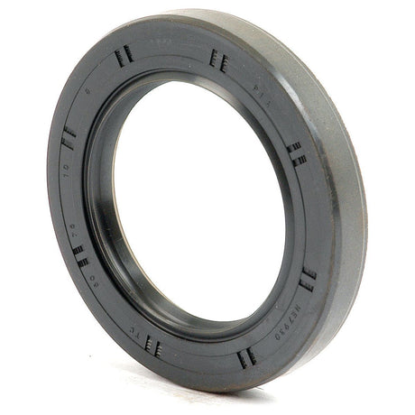 Close-up of a Sparex circular black rubber oil seal, featuring Double Lip and Metric Rotary Shaft Seal specifications, with precise measurement markings engraved on its surface. The product is identified as the Metric Rotary Shaft Seal, 50 x 75 x 10mm Double Lip | Sparex Part No.S.50381.