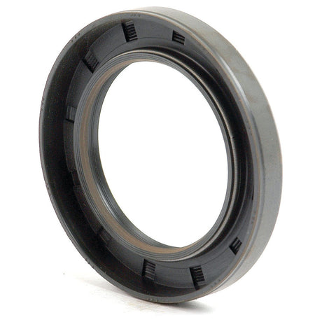 Close-up of a black, circular rubber oil seal with an inner metal ring, specifically a Metric Rotary Shaft Seal (50 x 75 x 10mm Double Lip) by Sparex (Part No.S.50381), engineered to prevent leaks between machine components by sealing the space between moving parts.