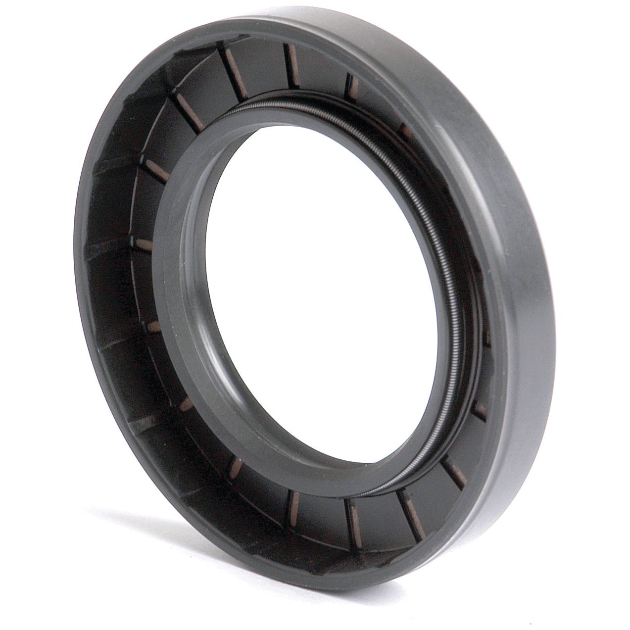 The Sparex Metric Rotary Shaft Seal, 50 x 80 x 12mm Double Lip (Part No. S.50387), is a black circular seal featuring inner ridges, designed to contain lubricants within machinery while preventing contaminants from entering, ensuring optimal performance.