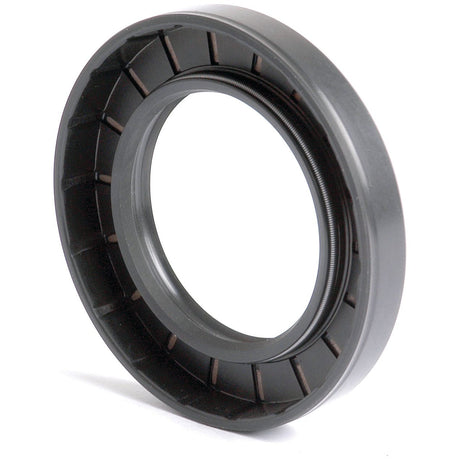 The Sparex Metric Rotary Shaft Seal, 50 x 80 x 12mm Double Lip (Part No. S.50387), is a black circular seal featuring inner ridges, designed to contain lubricants within machinery while preventing contaminants from entering, ensuring optimal performance.