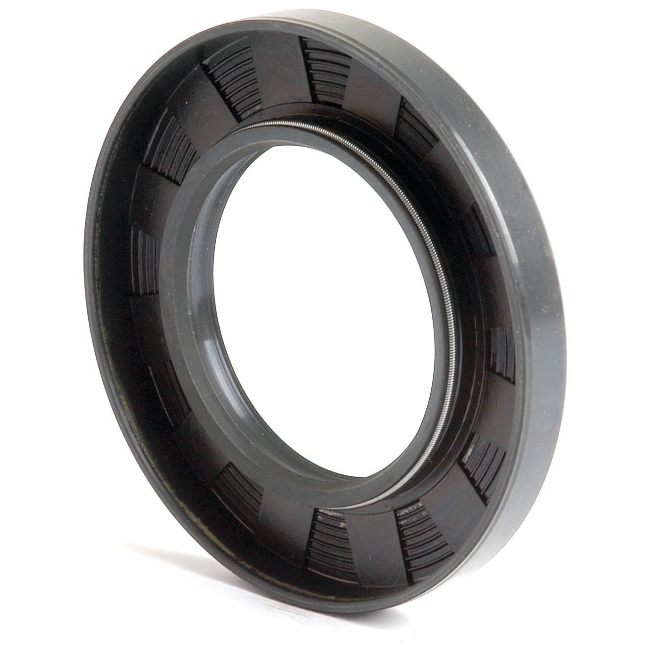 Close-up image of a Sparex Metric Rotary Shaft Seal, with dimensions 50 x 85 x 10mm, featuring grooves on the inner surface and a double lip design. This black rubber seal is crafted to fit around a rotating shaft and prevent oil leakage (Sparex Part No.S.50388).