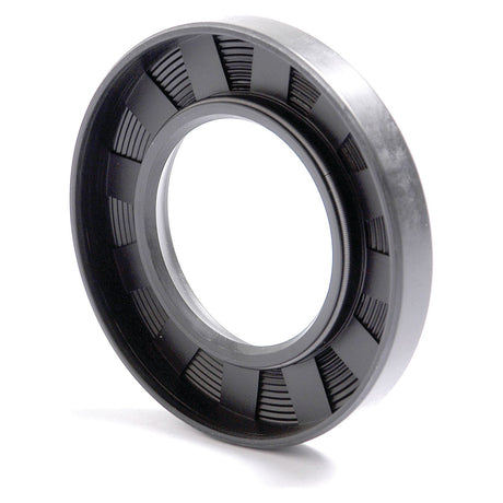 A Sparex Metric Rotary Shaft Seal, 50 x 90 x 13mm single lip (Sparex Part No. S.50390), is a circular metal bearing with a black inner ring featuring ribbed grooves and a smooth outer surface.