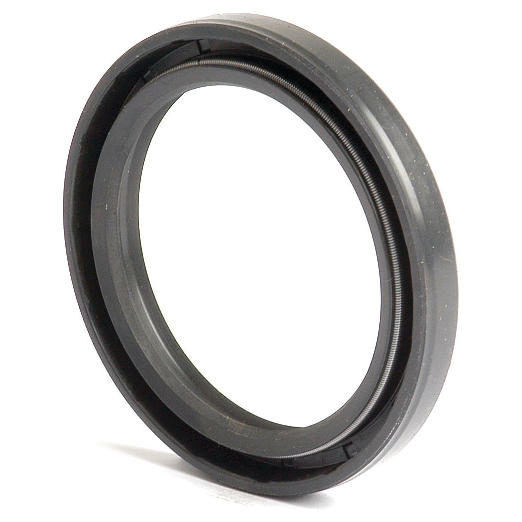 A black circular mechanical seal ring, standing upright on a white background, is showcased. This Sparex Part No.S.50391 Metric Rotary Shaft Seal, 52 x 68 x 8mm, features a Double Lip design for enhanced sealing performance.