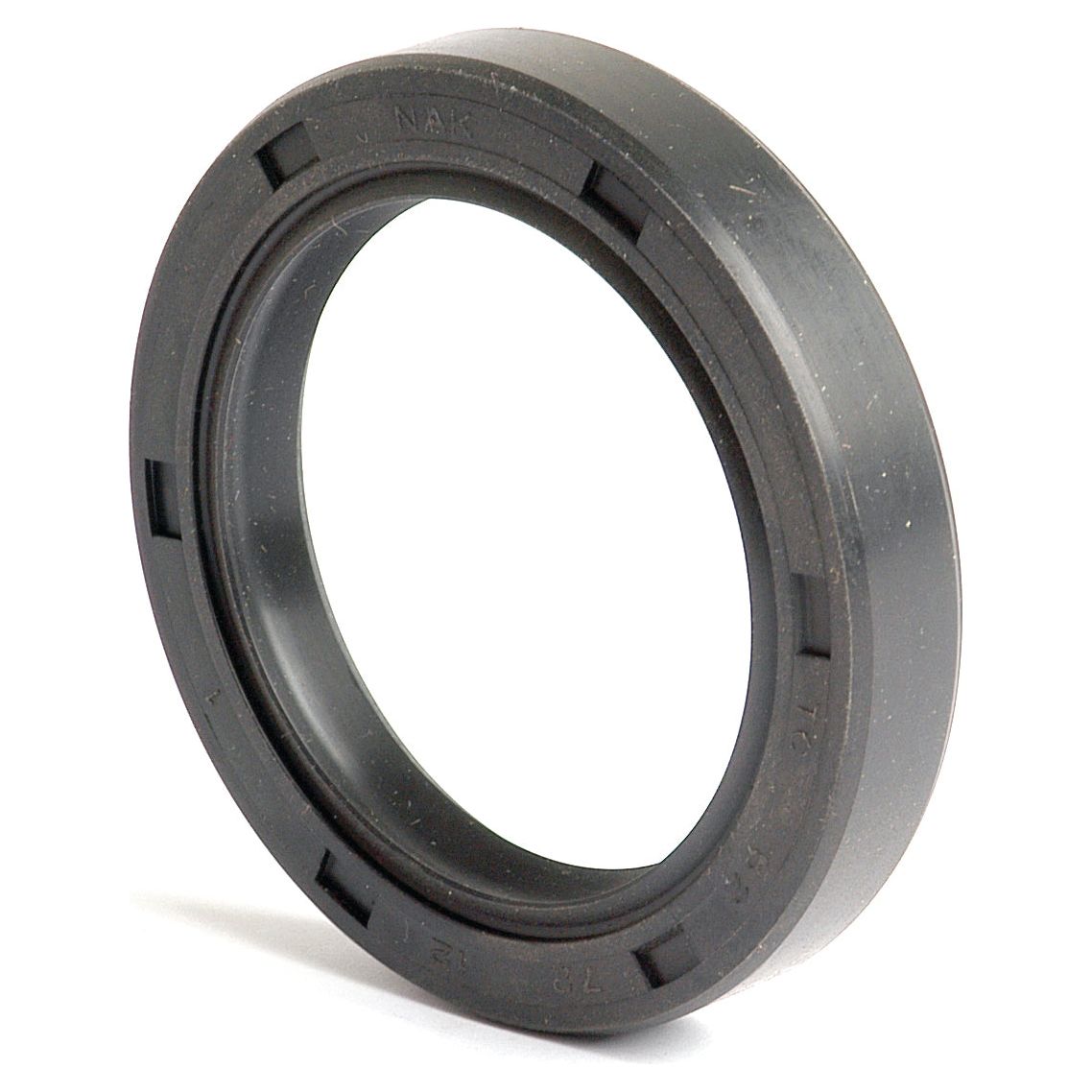 Close-up of a black rubber oil seal with a circular shape, engraved text "NAK". The Sparex Metric Rotary Shaft Seal (Part No. S.50396) measures 52 x 72 x 12mm and features Double Lip construction, with a smooth inner section and grooved outer edge.
