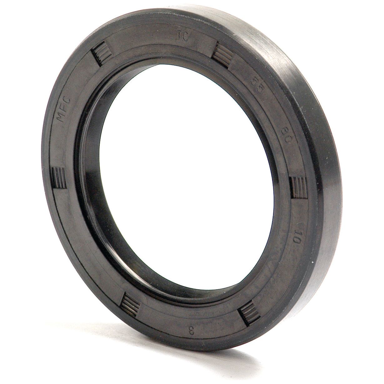 A black circular rubber oil seal imprinted with "MEC" and "55 TC 80 10." This Sparex Metric Rotary Shaft Seal, identified by Sparex Part No.S.50408, measures 55 x 80 x 10mm and features a smooth surface with visible ridges, incorporating a double lip design for enhanced performance.