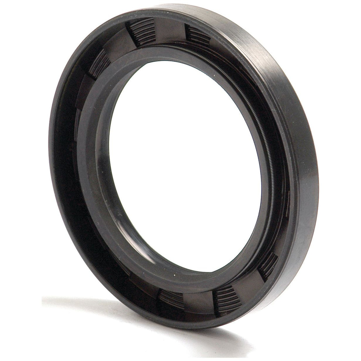 A black rubber and metal oil seal with a circular design, displayed against a plain white background. This Metric Rotary Shaft Seal by Sparex, with part number S.50408, features dimensions 55 x 80 x 10mm and has a double lip for enhanced performance.