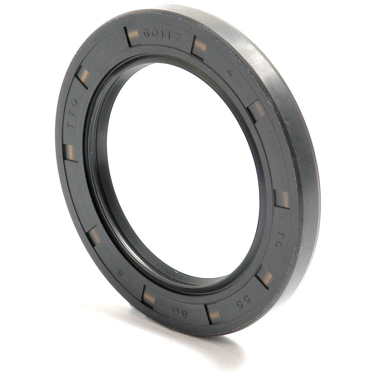 The Sparex Metric Rotary Shaft Seal, 55 x 80 x 8mm Double Lip (Part No. S.50407), is a black rubber oil seal with manufacturer markings, featuring a circular shape, hollow center, and double lip design.
