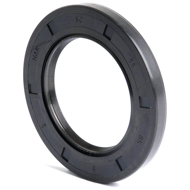 A black rubber Sparex Metric Rotary Shaft Seal, measuring 55 x 85 x 8mm (Sparex Part No. S.50410), with engraved markings is displayed standing upright at a slight angle, showcasing its Double Lip design.