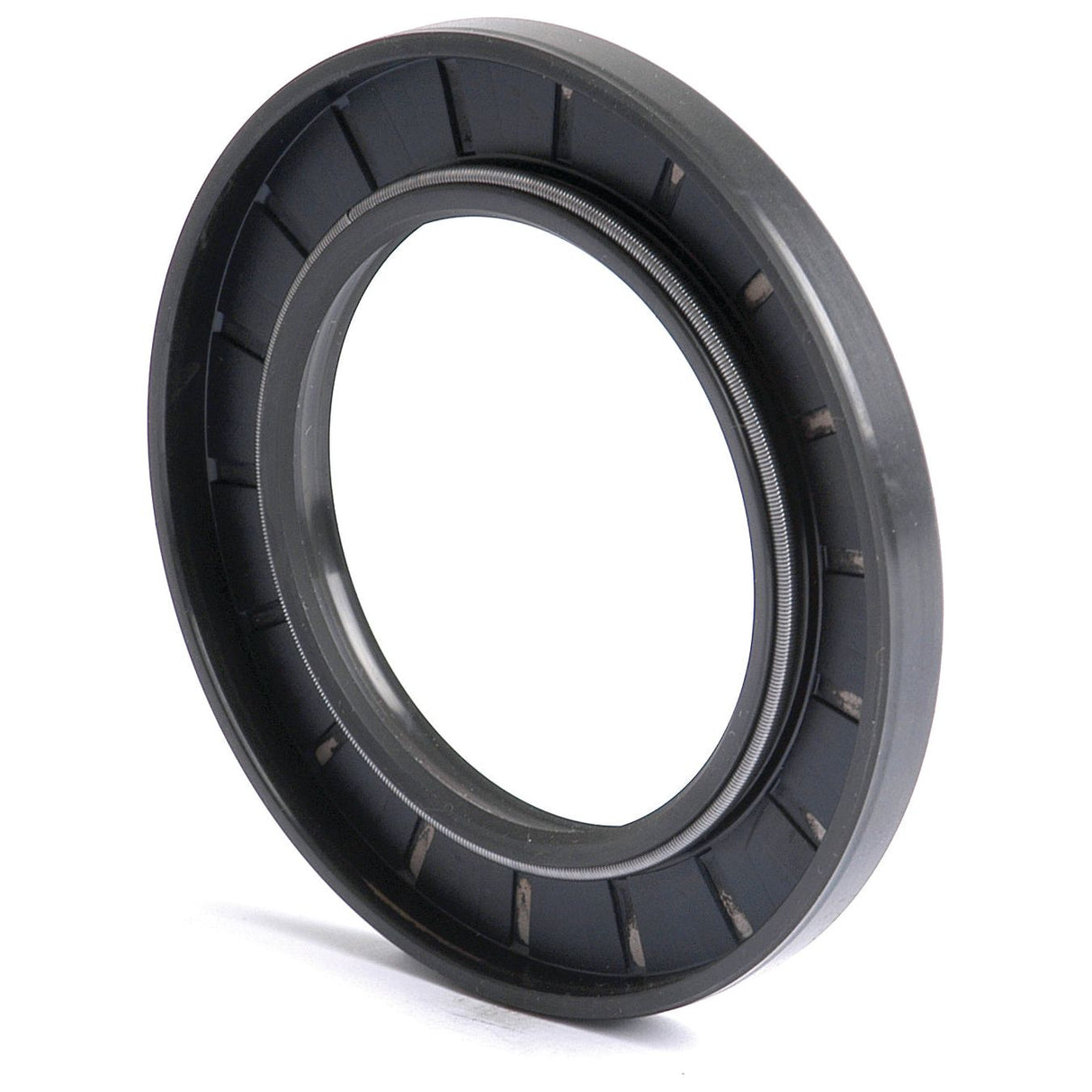 A Sparex Metric Rotary Shaft Seal, 55 x 85 x 8mm Double Lip (Sparex Part No. S.50410), made of black rubber and metal with a circular shape, used for preventing leaks in mechanical systems.