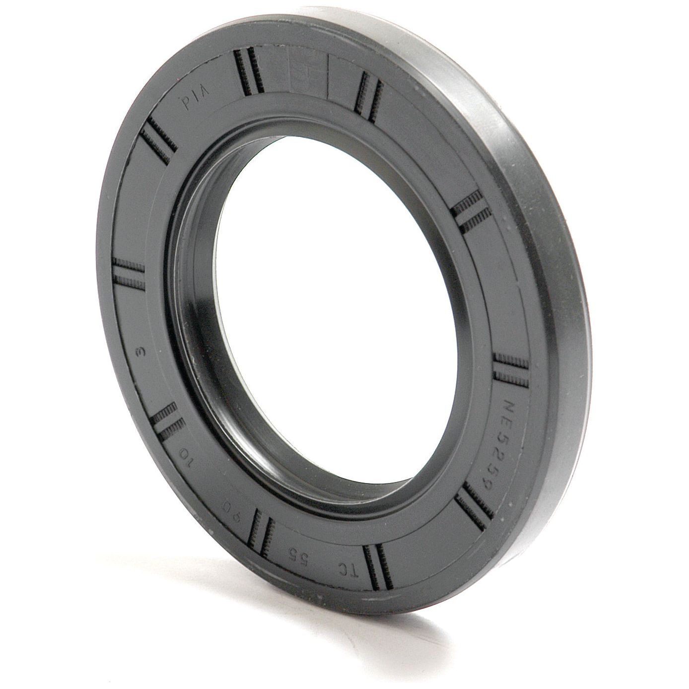 A black, circular rubber Metric Rotary Shaft Seal from Sparex, with numbers and letters embossed around its edge, is placed in an upright position against a white background. This 55 x 90 x 10mm double lip seal (Sparex Part No.S.50413) showcases precision engineering at its finest.