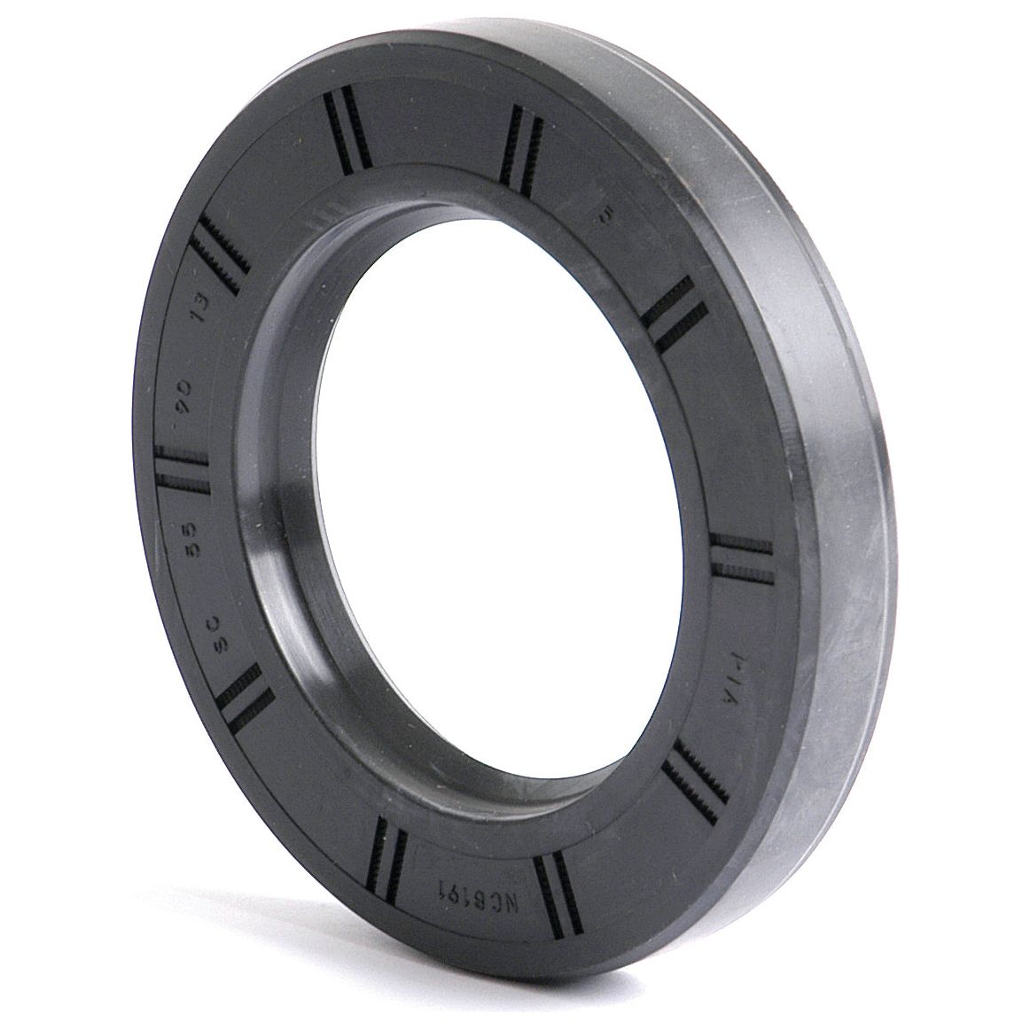 The Sparex Metric Rotary Shaft Seal, model number S.50414, features a Single Lip design for optimal performance. This black circular rubber seal measures 55 x 90 x 13mm and includes groove markings with alphanumeric characters engraved on its surface.
