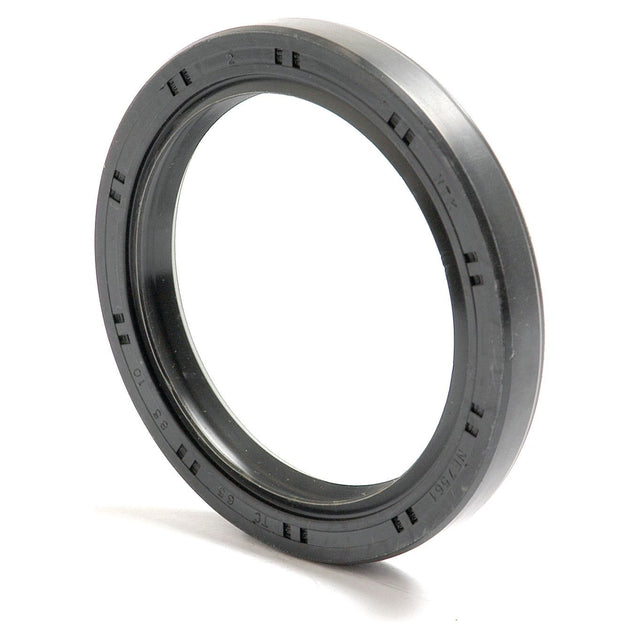 The Metric Rotary Shaft Seal from Sparex, measuring 65 x 85 x 10mm and featuring a double lip design for enhanced performance (Sparex Part No.S.50435), is depicted against a plain white background. This black rubber O-ring seal is circular in shape with grooves along its inner and outer edges.