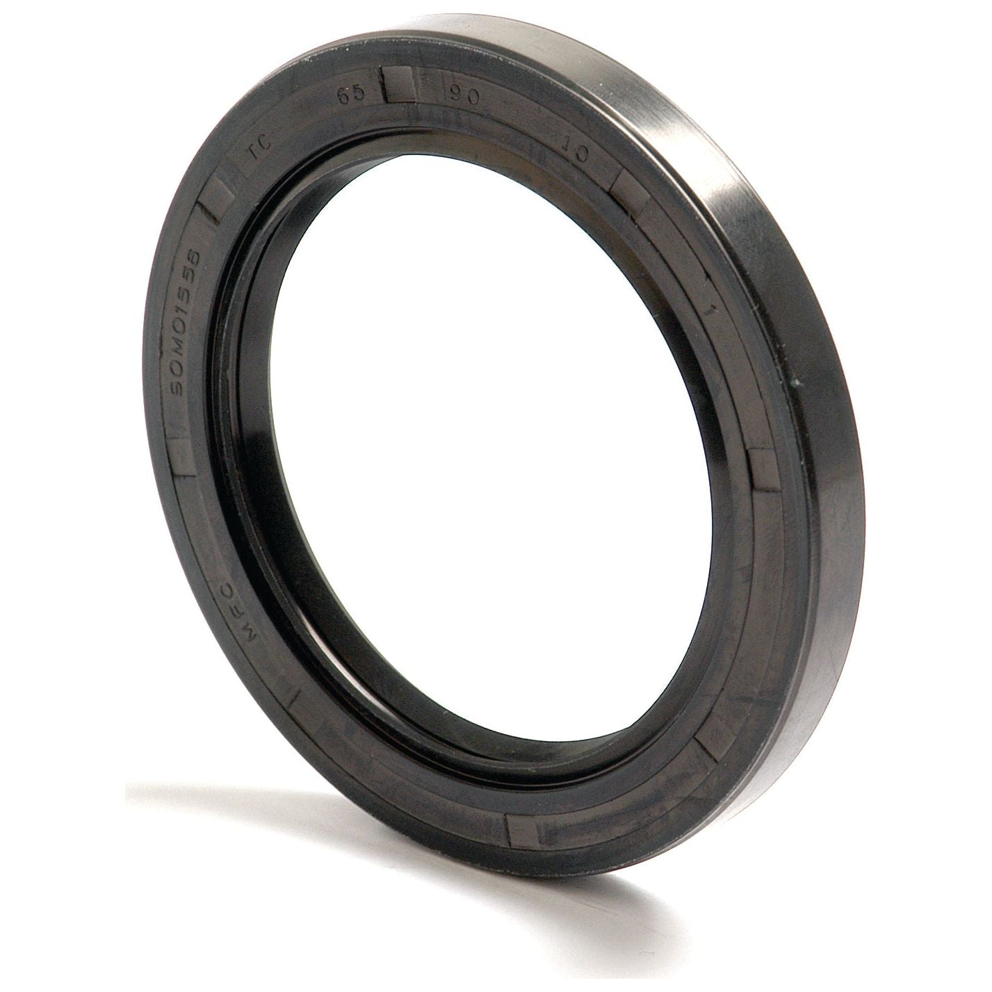 Close-up of a Sparex Metric Rotary Shaft Seal, 65 x 90 x 10mm with Double Lip design (Sparex Part No.S.50437) in black rubber, featuring printed specifications along the outer edge for enhanced durability.